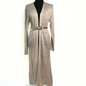 Linda Anderson Tan Open Front Pattern Knit Sweater Duster Womens SZ S Coquette